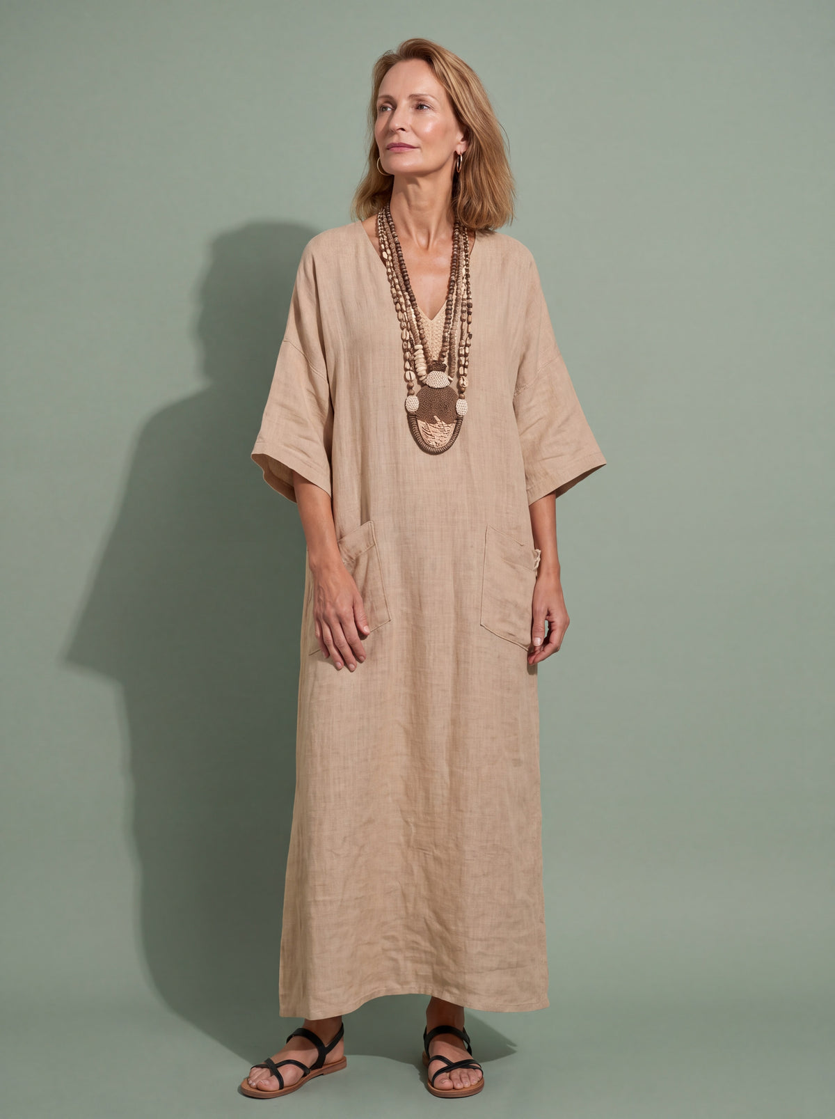 Melba Lane - brown wide sleeve resort maxi dress, full length view, AU women's sizes