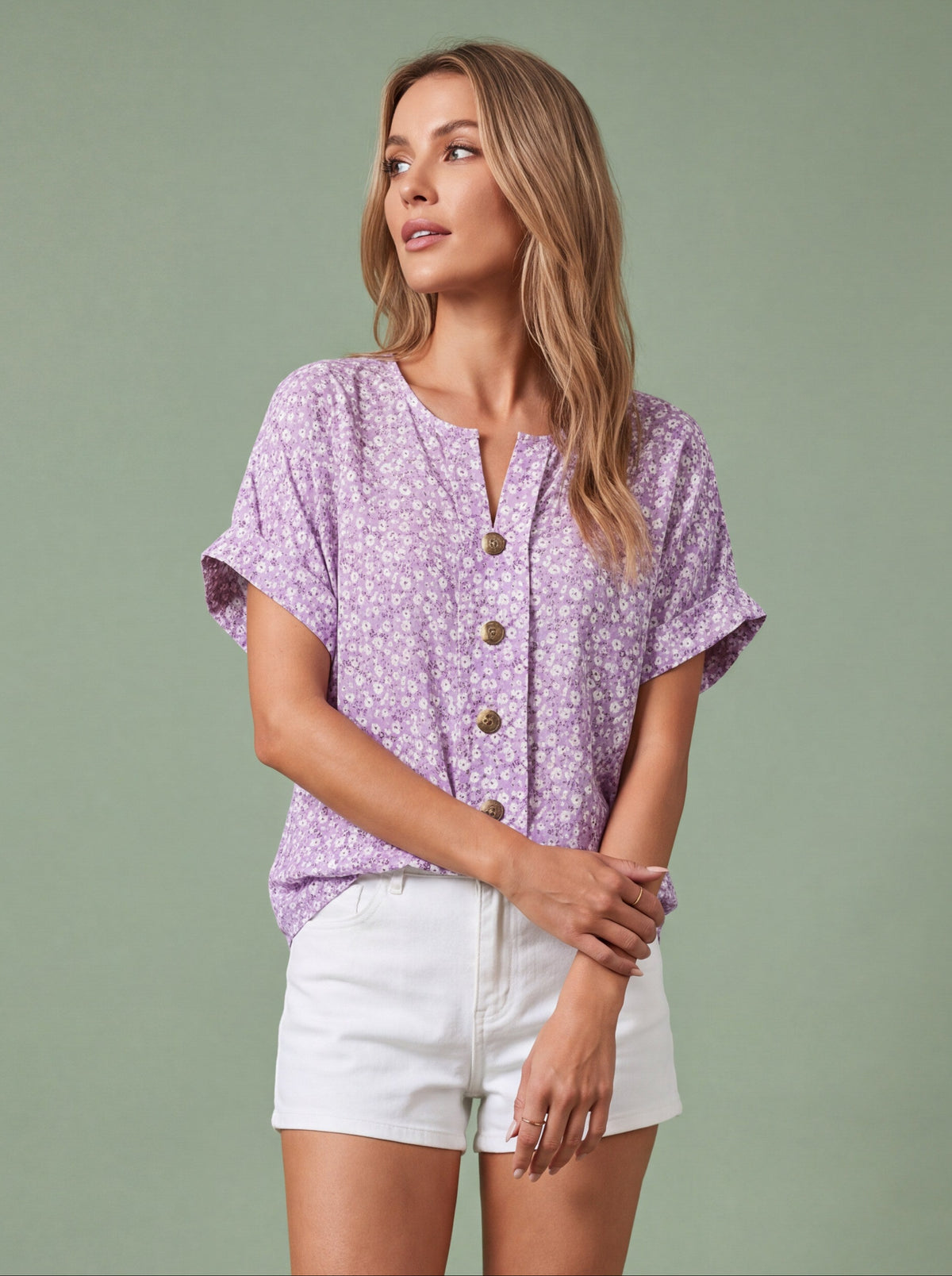Melba Lane - lilac relaxed button through blouse, full length studio view, AU women's sizes