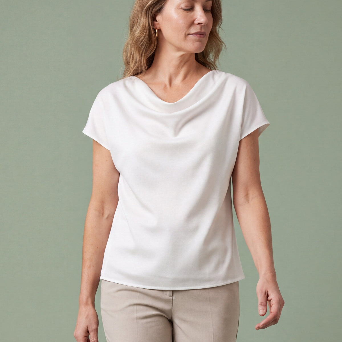 Melba Lane - white cowl neck satin top with short sleeves, full length view, AU women's sizes