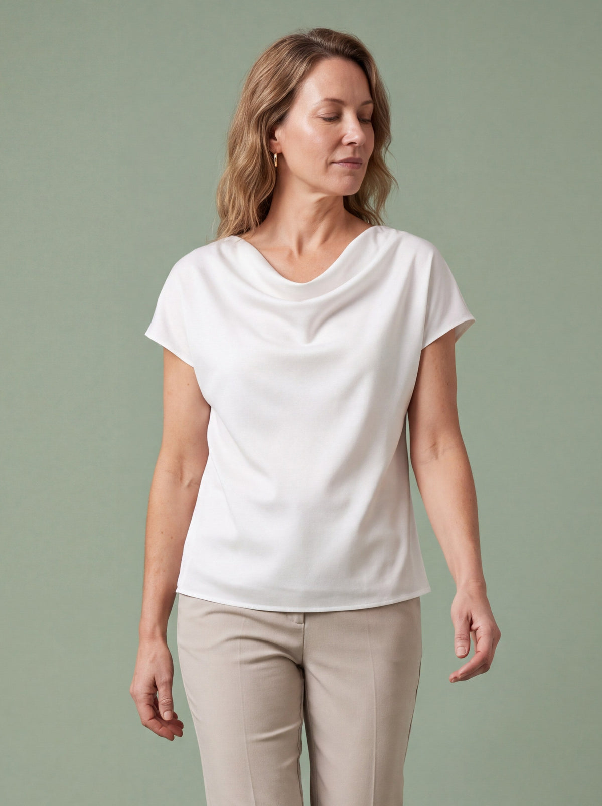Melba Lane - white cowl neck satin top with short sleeves, full length view, AU women's sizes