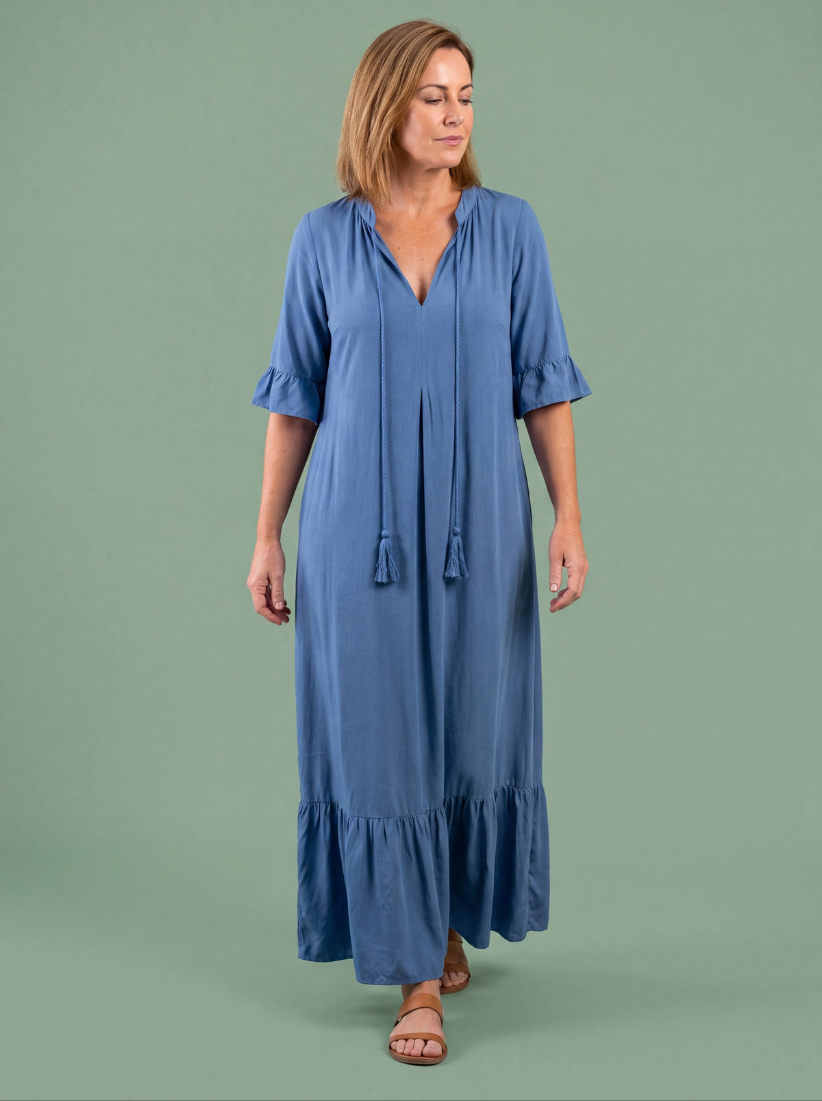Melba Lane - blue tiered print maxi dress with tassel tie, full length, AU women's sizes