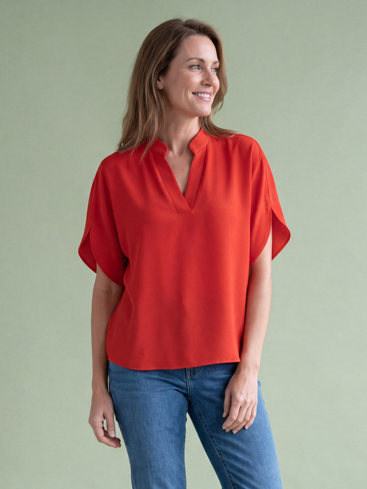 Melba Lane - red split neck flutter sleeve top, full length studio view, AU women's sizes