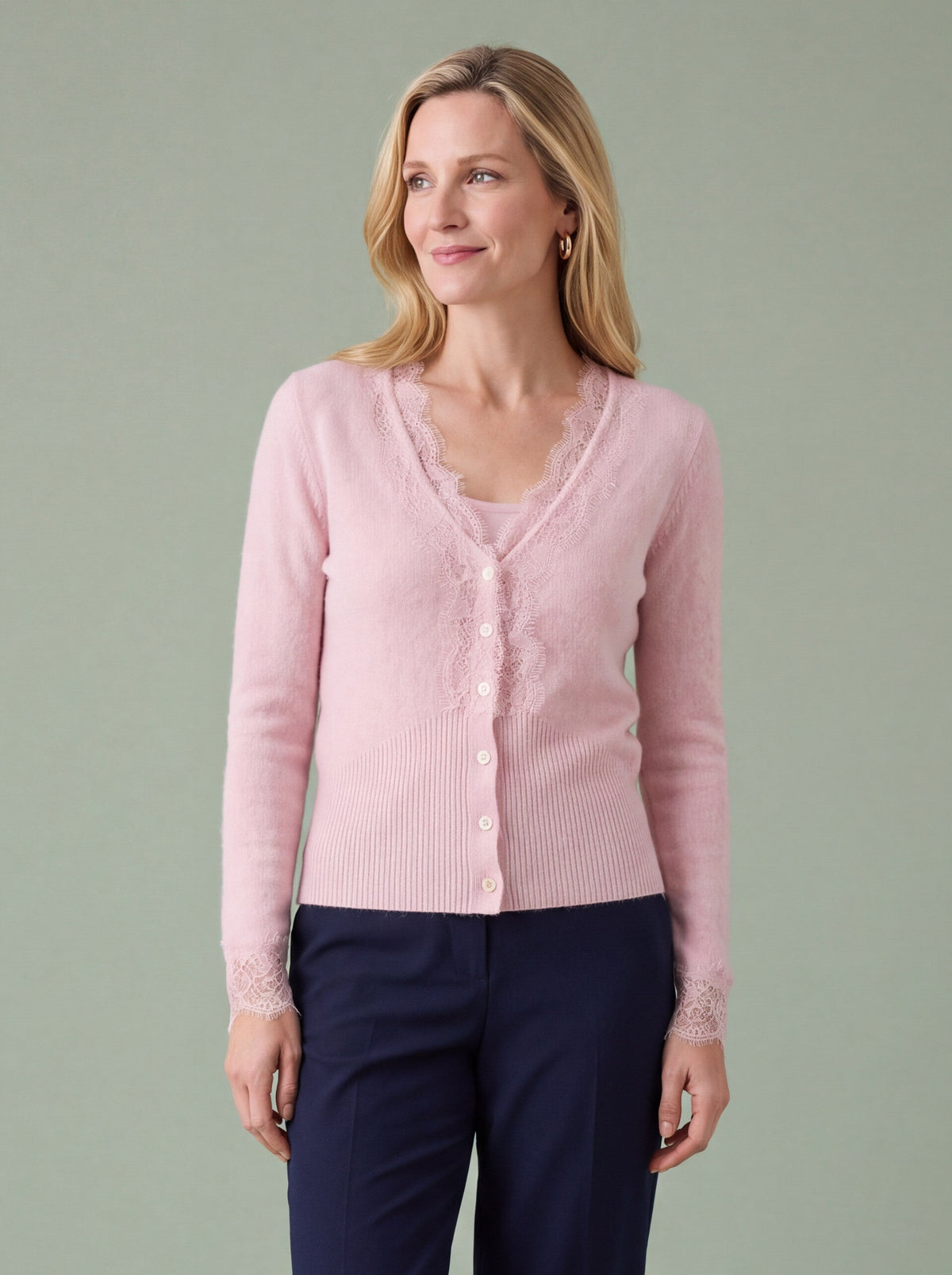 Melba Lane - pink fine knit cardigan with lace panels, full length view, AU women's sizes