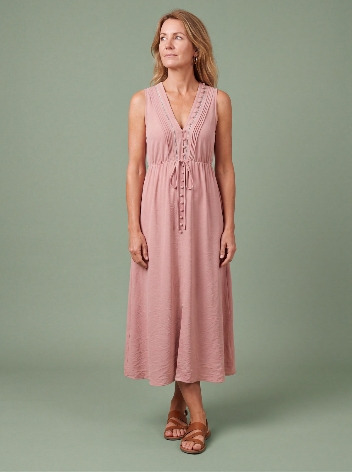 Melba Lane - pink sleeveless midi dress with a tie waist, full length view, AU women's sizes
