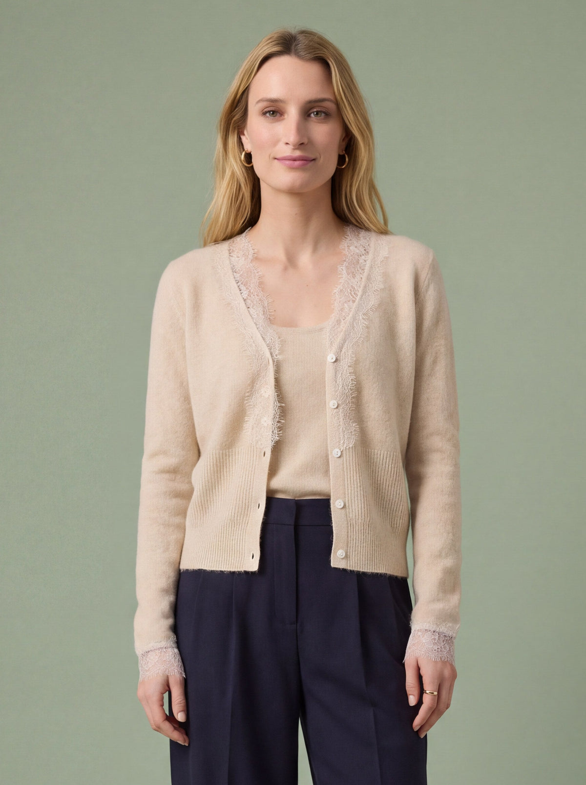 Melba Lane - olive fine knit cardigan with lace panels, full length view, AU women's sizes