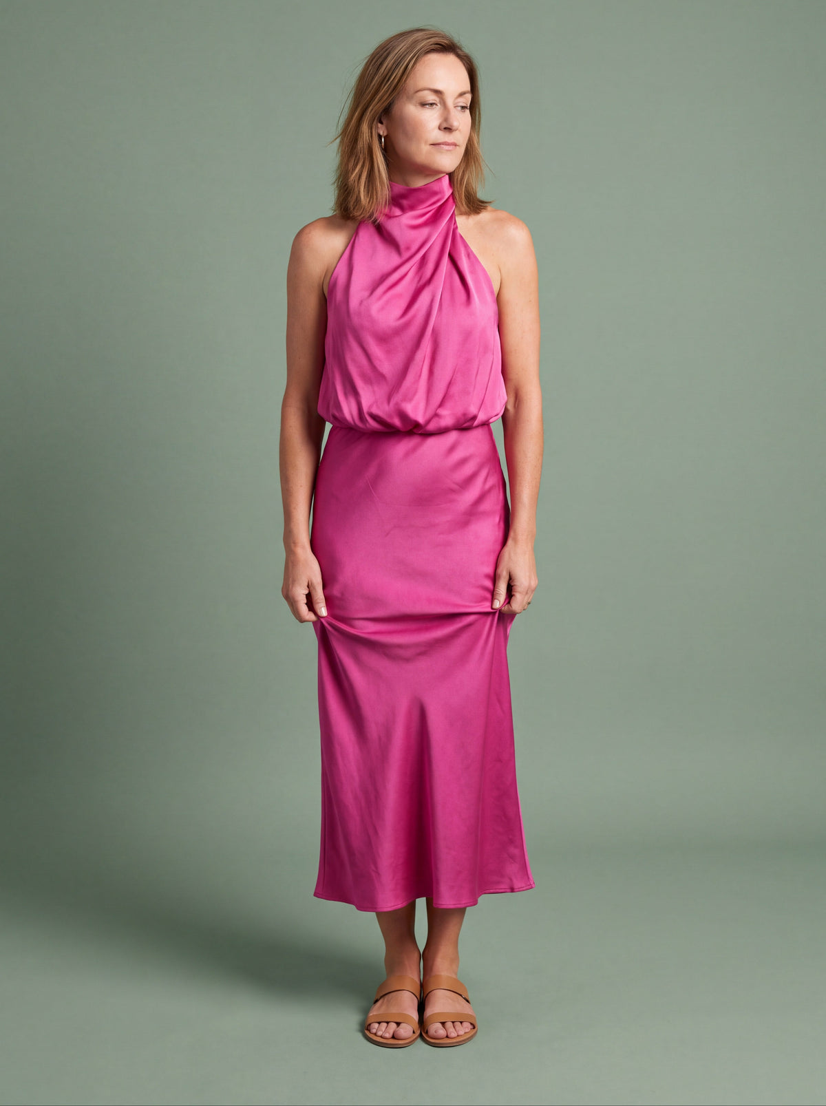 Melba Lane - pink draped neck satin midi dress, full length studio view, AU women's sizes