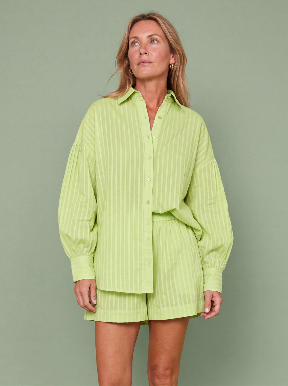 Melba Lane - green striped shirt and shorts set worn as an outfit, full length, AU women's sizes