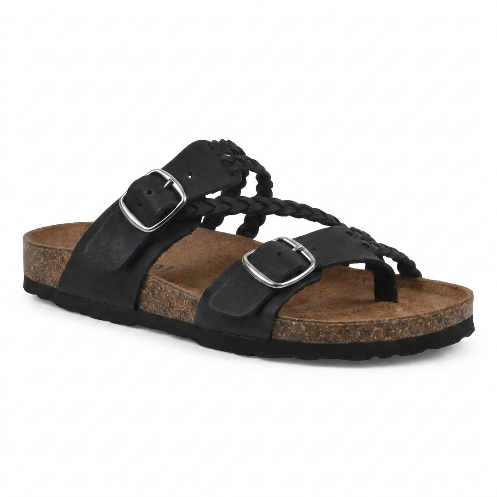 Margo & Main - sage green braided suede cork footbed sandals angled view, US women's sizes