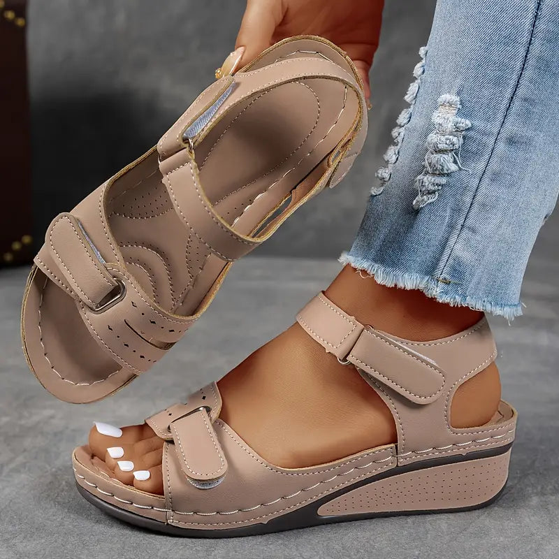 Melba Lane - beige cushioned wedge sandals with adjustable straps, worn view, AU women's sizes