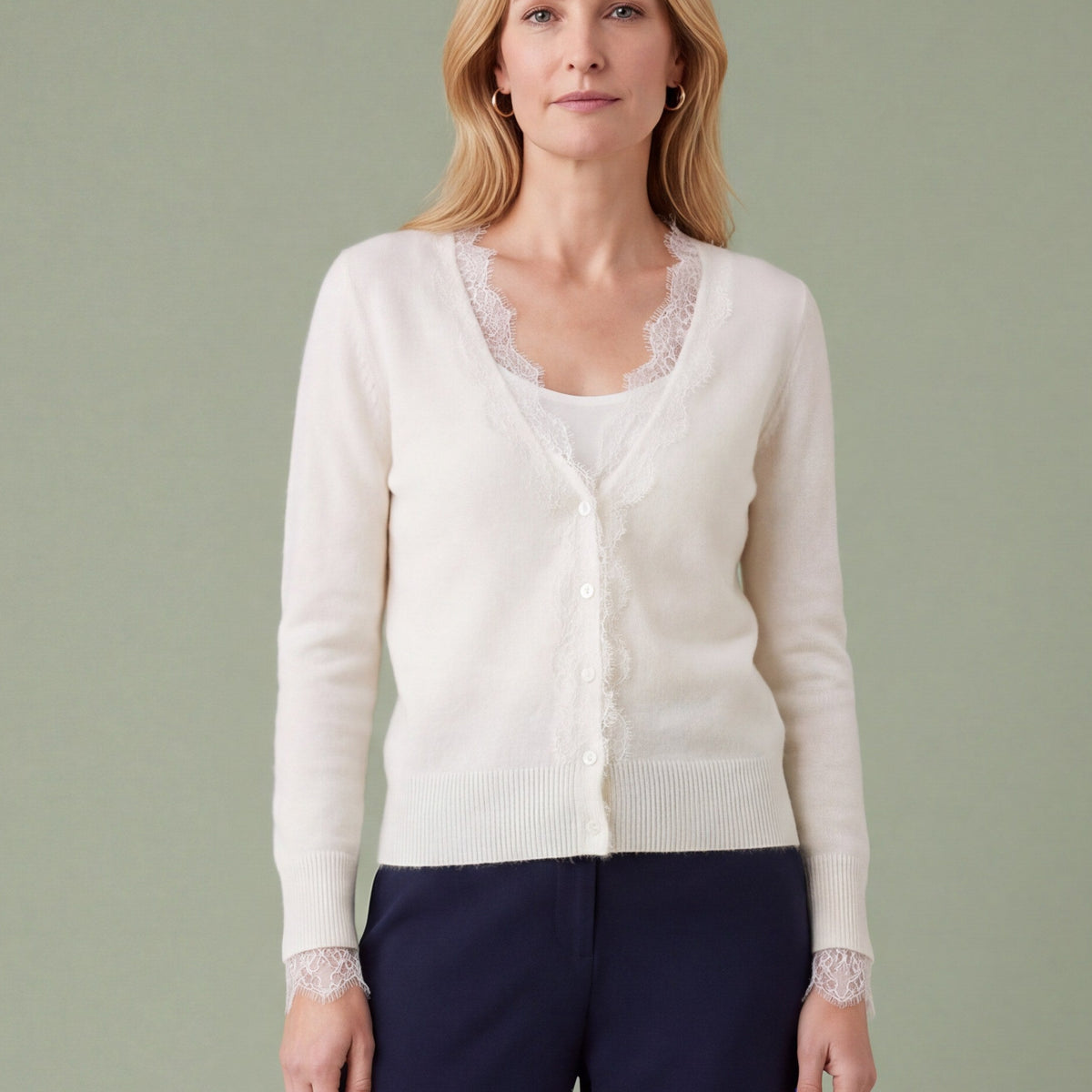 Melba Lane - white fine knit cardigan with lace panels, full length view, AU women's sizes