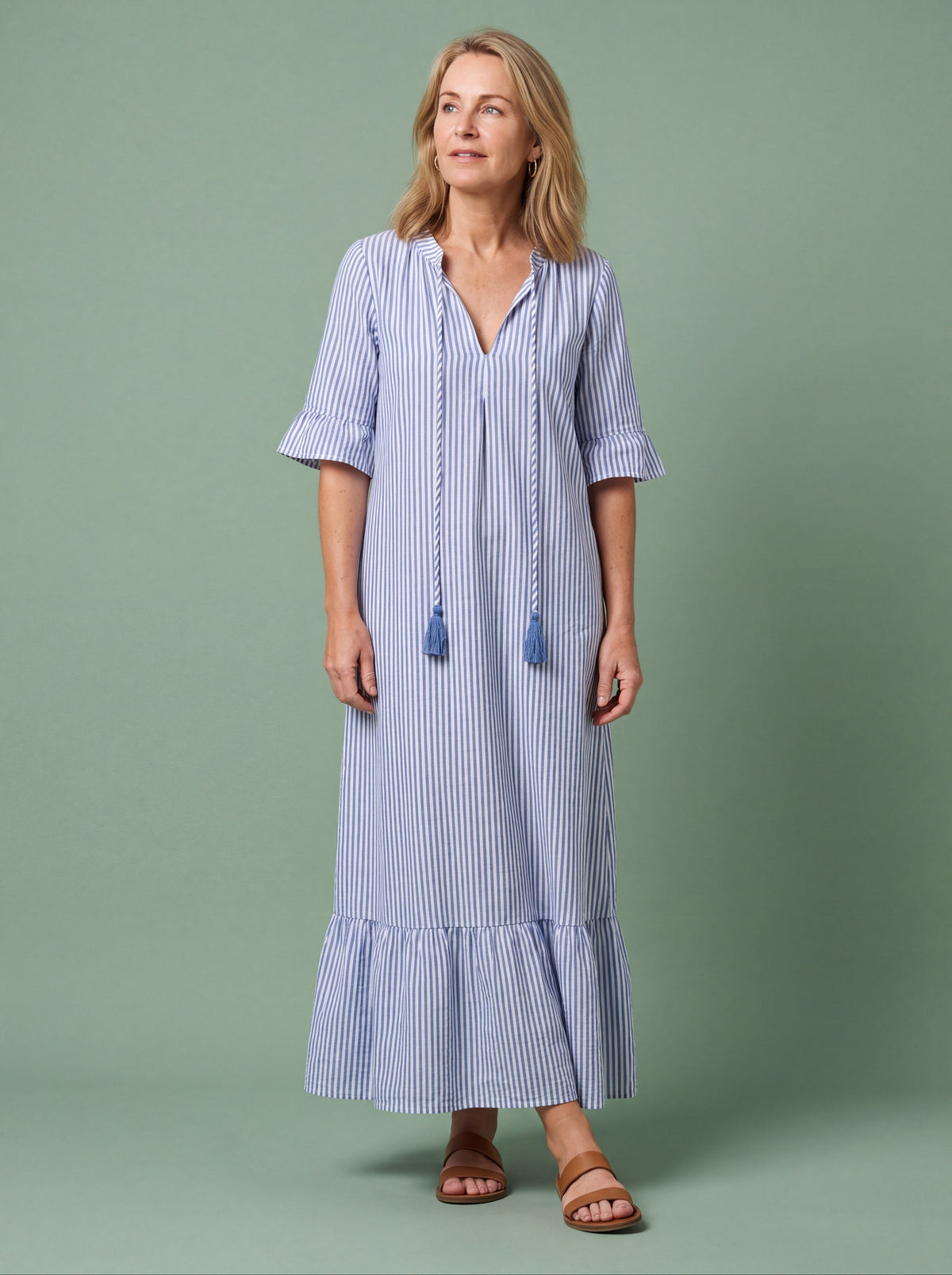 Melba Lane - blue and white tiered print maxi dress, full length view, AU women's sizes
