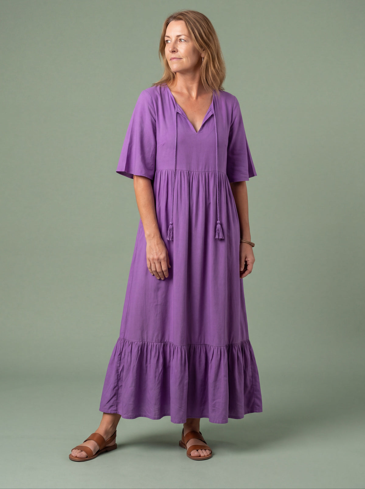 Melba Lane - lilac tiered print maxi dress with tassel tie, full length, AU women's sizes