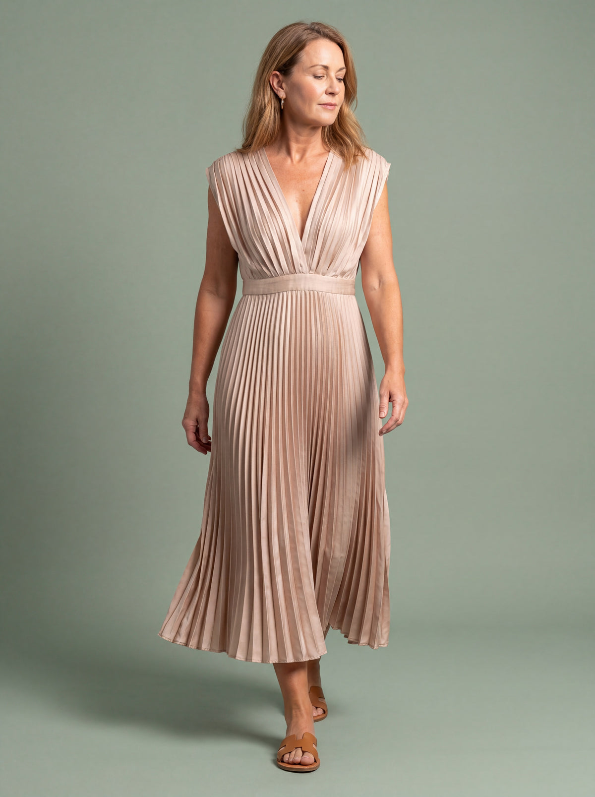 Melba Lane - cream pleated V neck midi dress with deep neckline, full length, AU women's sizes