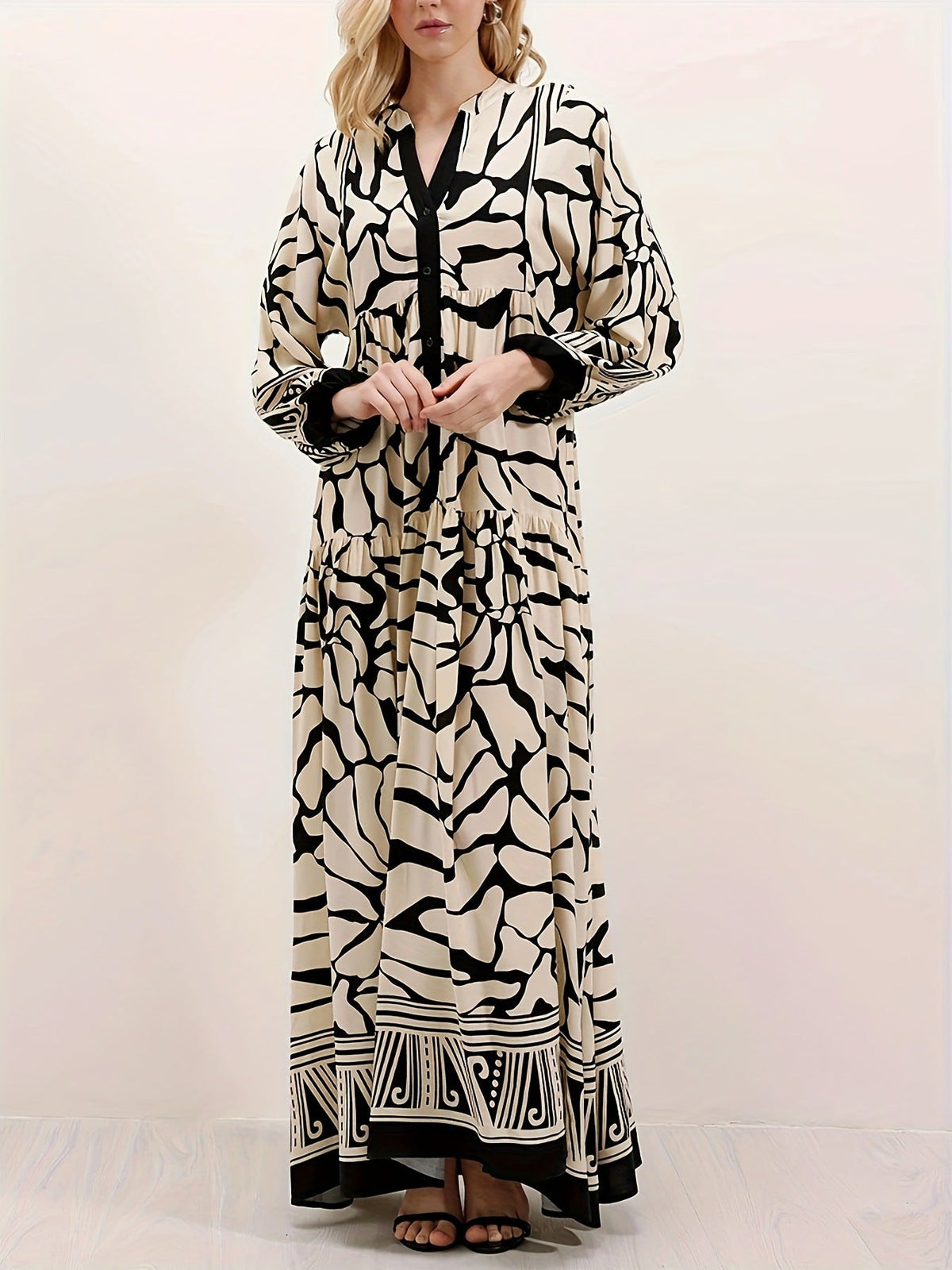 Margo & Main – cream and black print maxi dress bodice and blouson sleeve, US women's sizes
