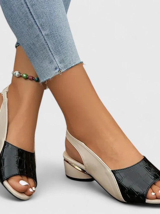 Margo & Main - black croc-embossed slingback block heel sandals worn, US women's sizes