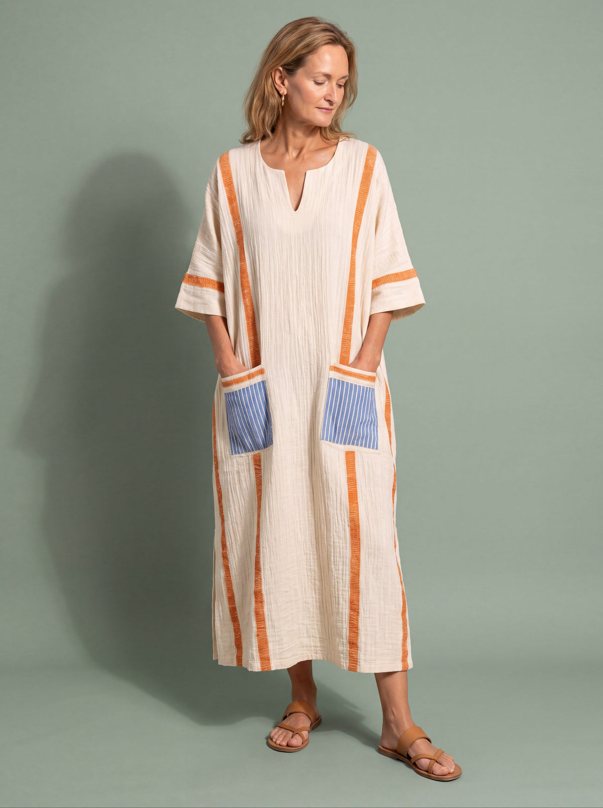 Melba Lane - orange wide sleeve resort maxi dress, full length view, AU women's sizes