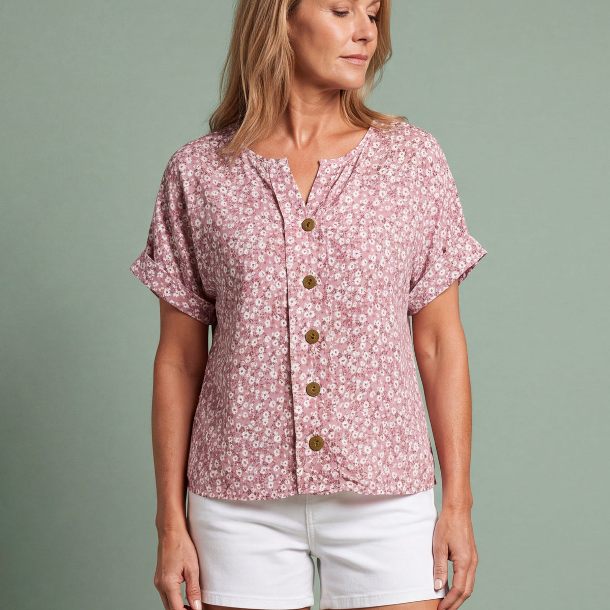 Melba Lane - pink relaxed button through blouse, full length studio view, AU women's sizes