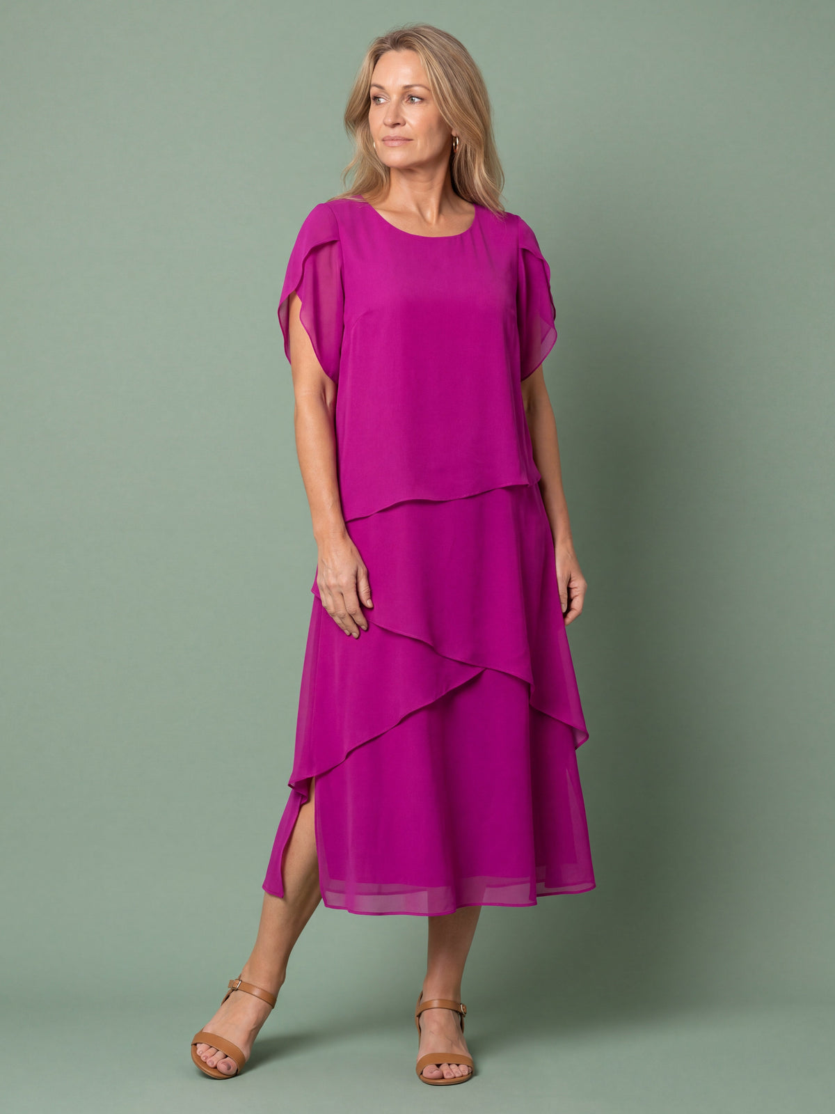Melba Lane - pink layered tier midi dress with short sleeves, full length, AU women's sizes