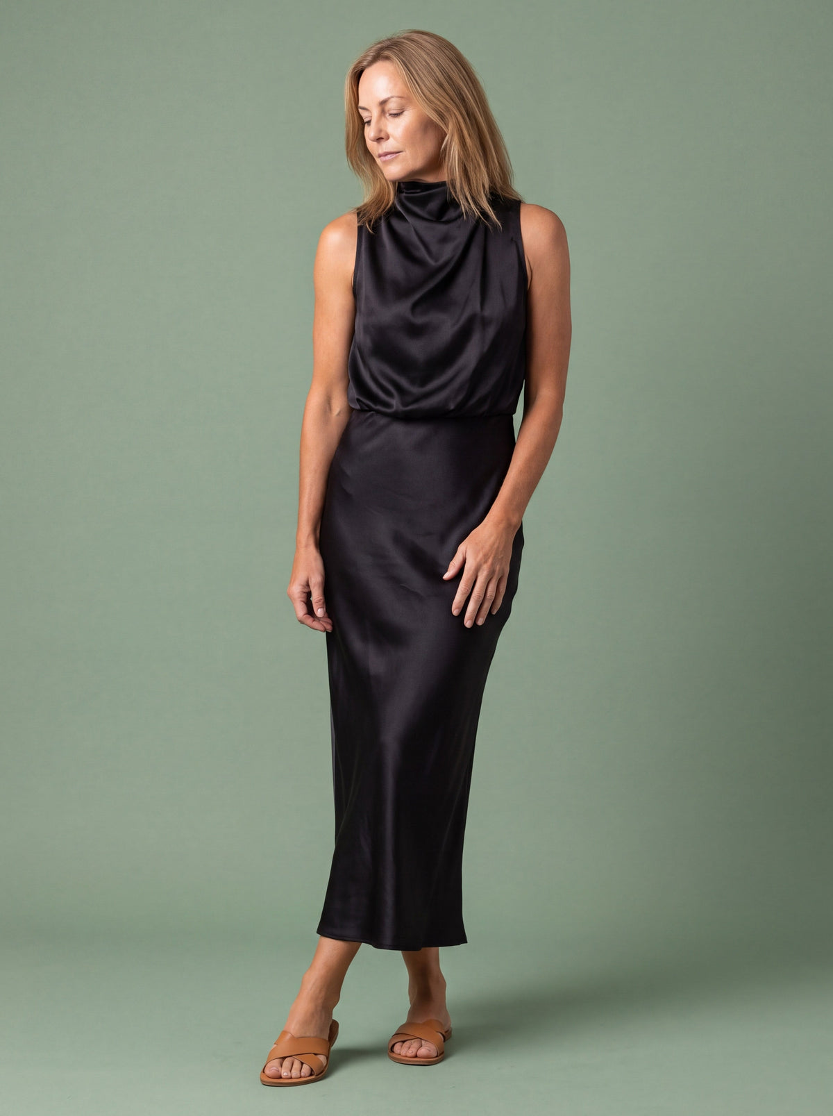 Melba Lane - black draped neck satin midi dress, full length studio view, AU women's sizes