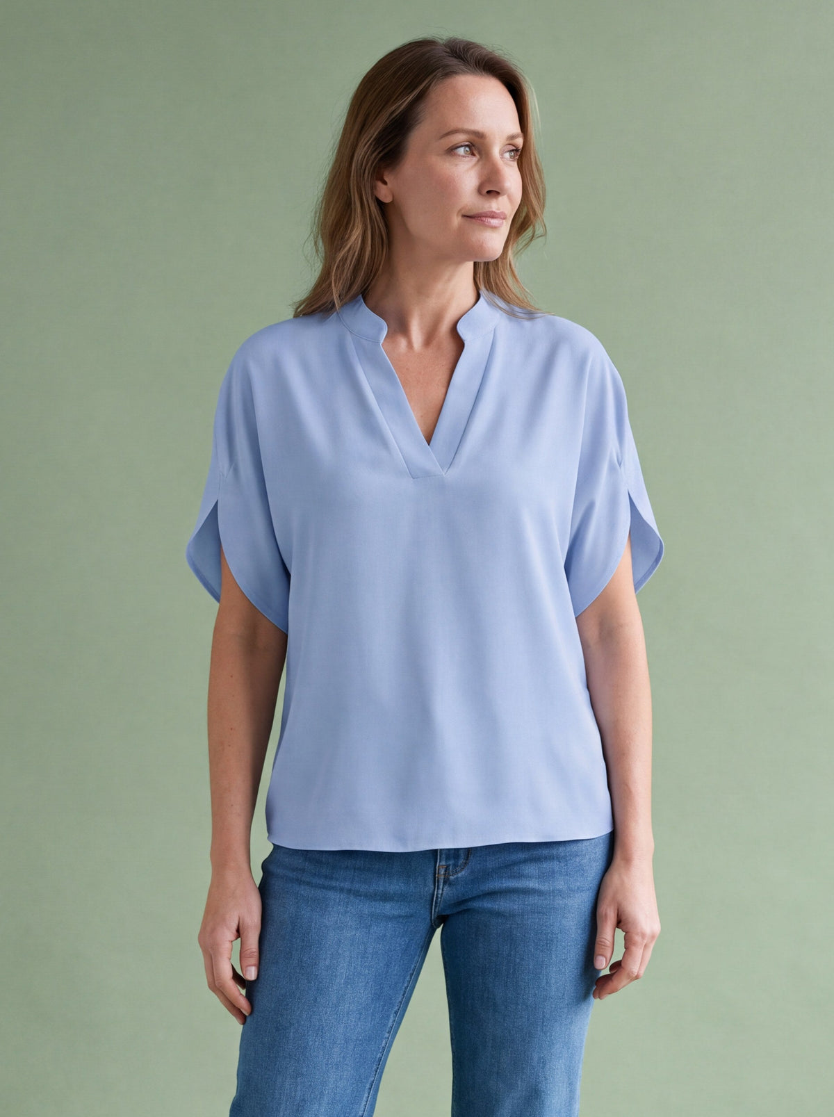 Melba Lane - blue split neck flutter sleeve top, full length studio view, AU women's sizes