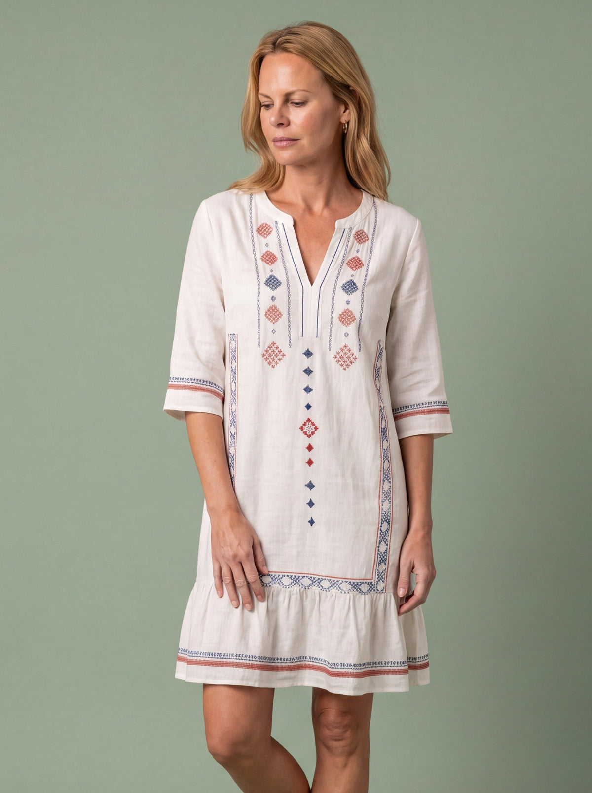 Melba Lane - cream woven tunic beach dress with embroidered trim, full length, AU women's sizes