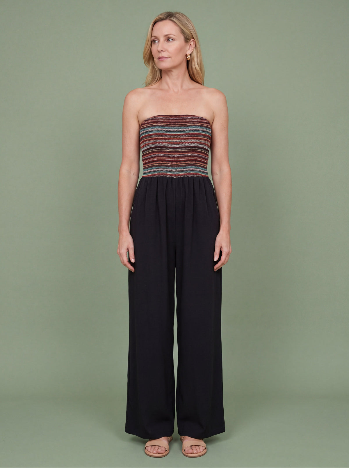 Melba Lane - green strapless wide leg jumpsuit, full length studio view, AU women's sizes