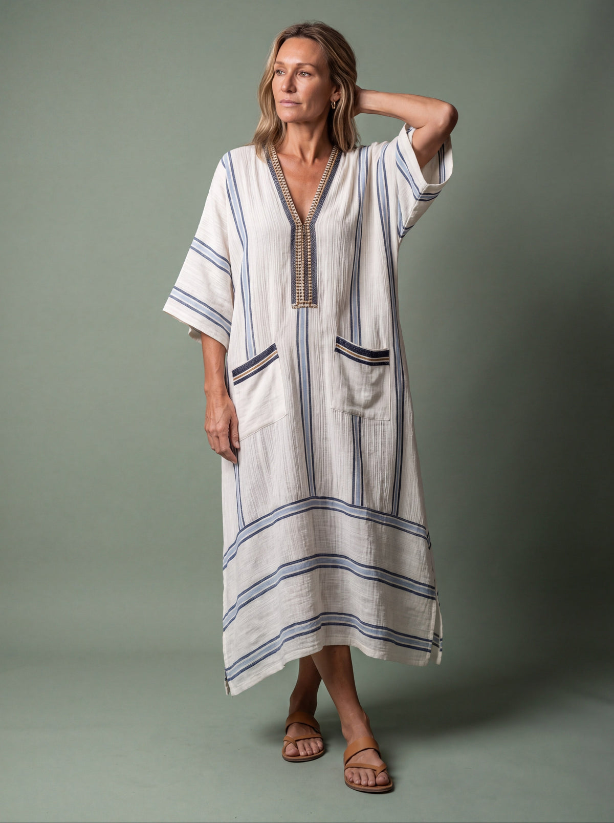Melba Lane - sky blue wide sleeve resort maxi dress, full length view, AU women's sizes