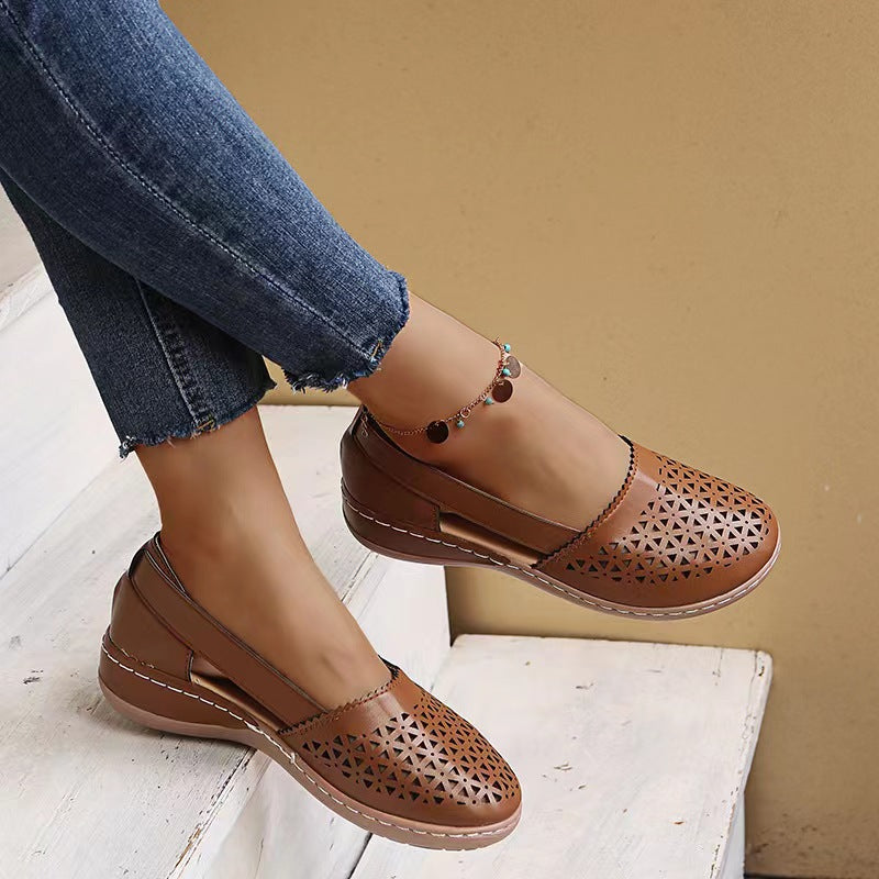 Melba Lane - brown perforated cutout slip on shoes, styled side view, AU women's sizes
