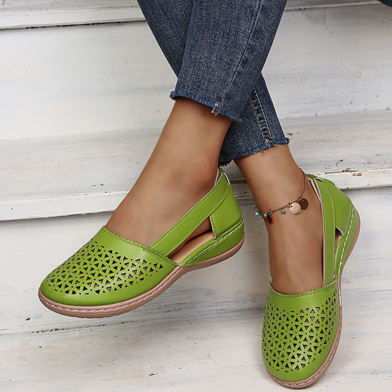 Melba Lane - green cutout slip on shoes with low wedge, worn on model, AU women's sizes
