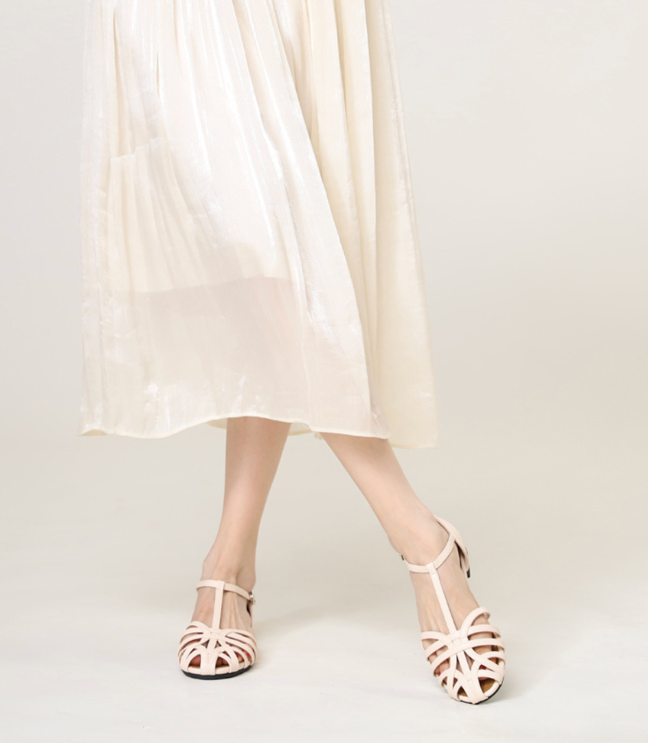 Melba Lane - white woven leather ankle strap flats, worn with a long skirt, AU women's sizes