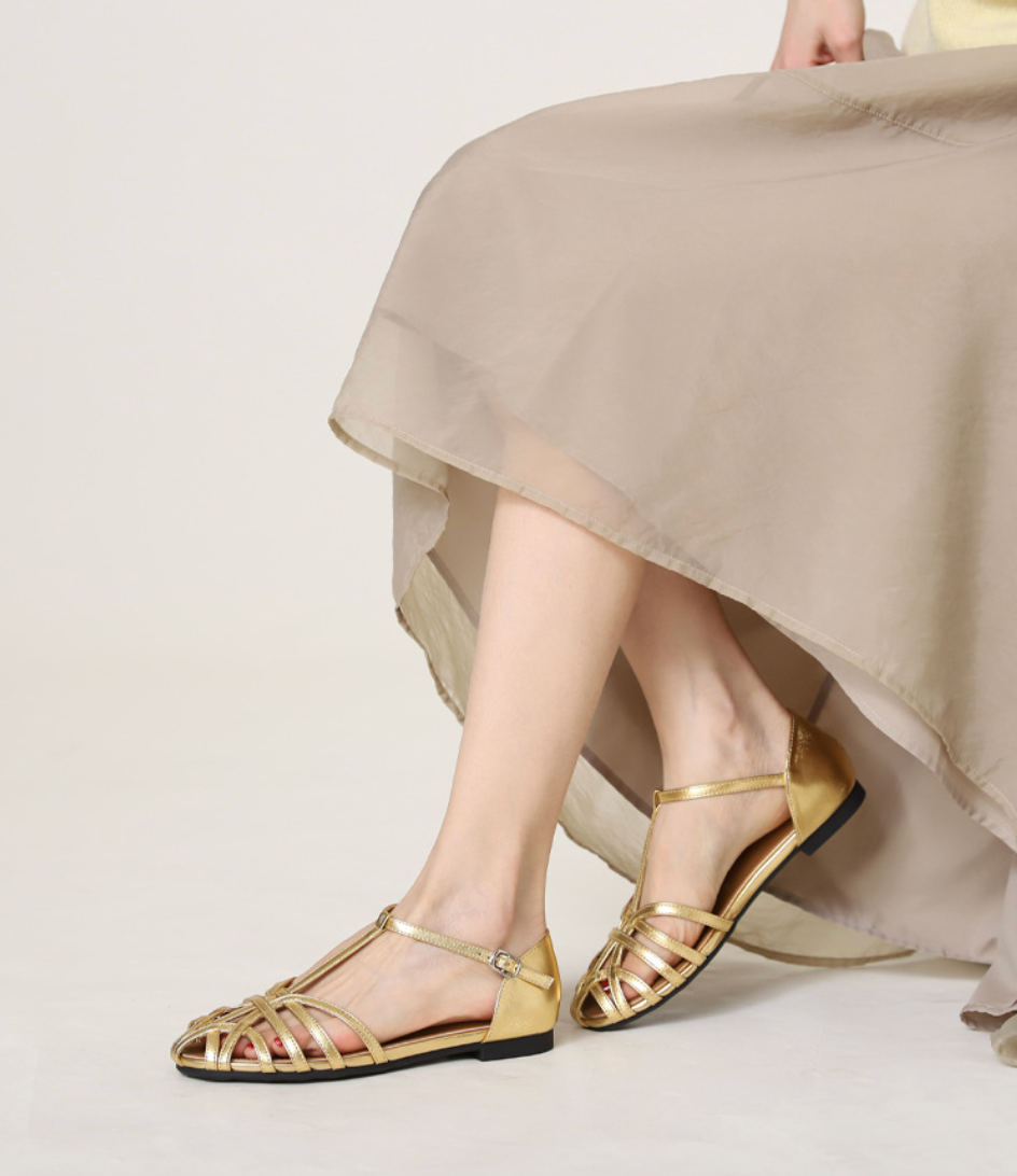 Melba Lane - gold woven leather ankle strap flats, worn with a linen skirt, AU women's sizes