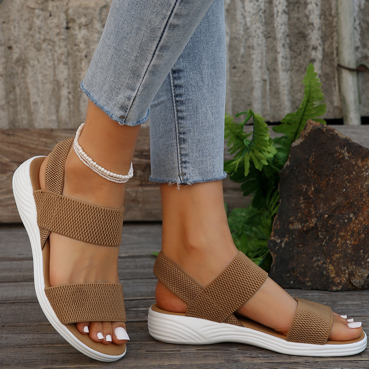 Melba Lane - tan stretch strap platform sandals worn with jeans, worn view, AU women's sizes