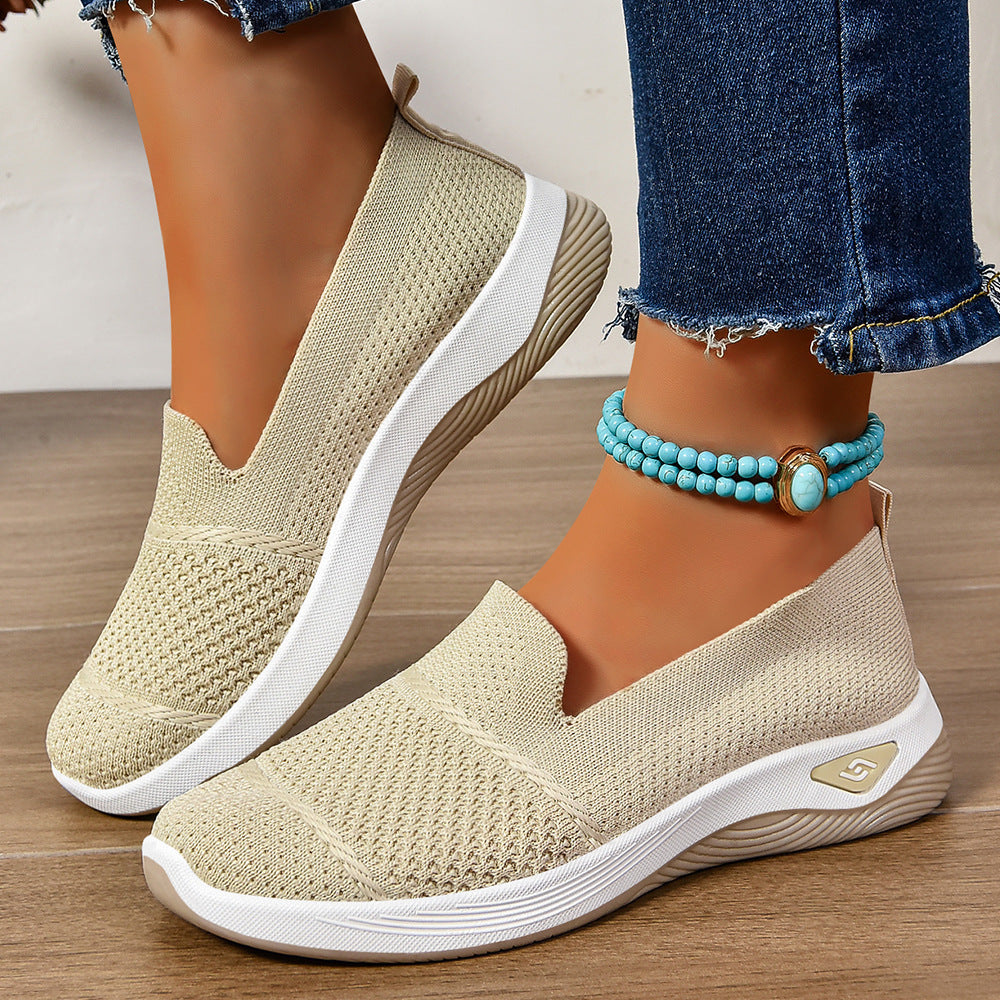 Melba Lane - beige knit slip on walking shoes worn with cropped denim, AU women's sizes