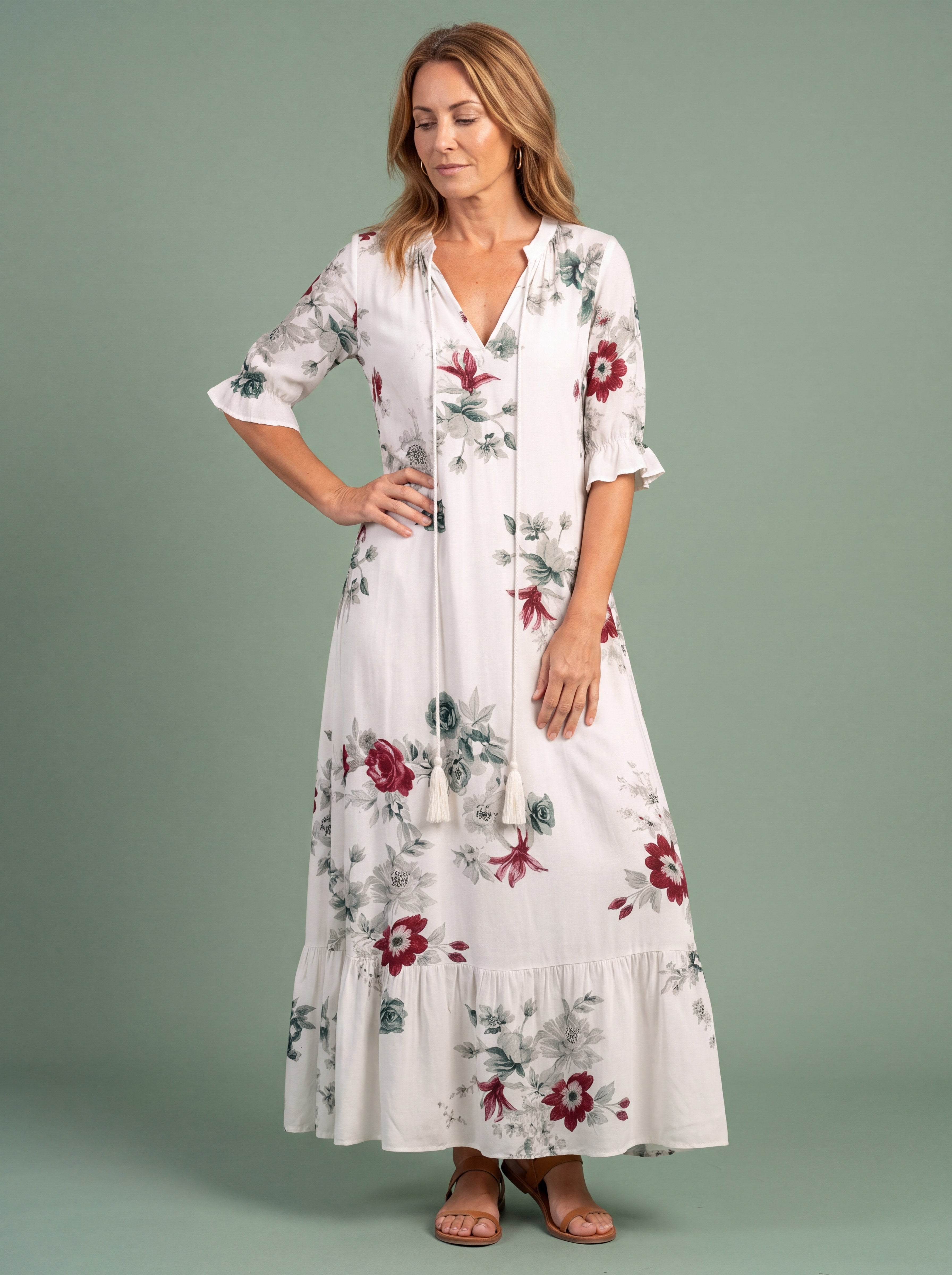 Tiered print maxi dress showing spring print scale