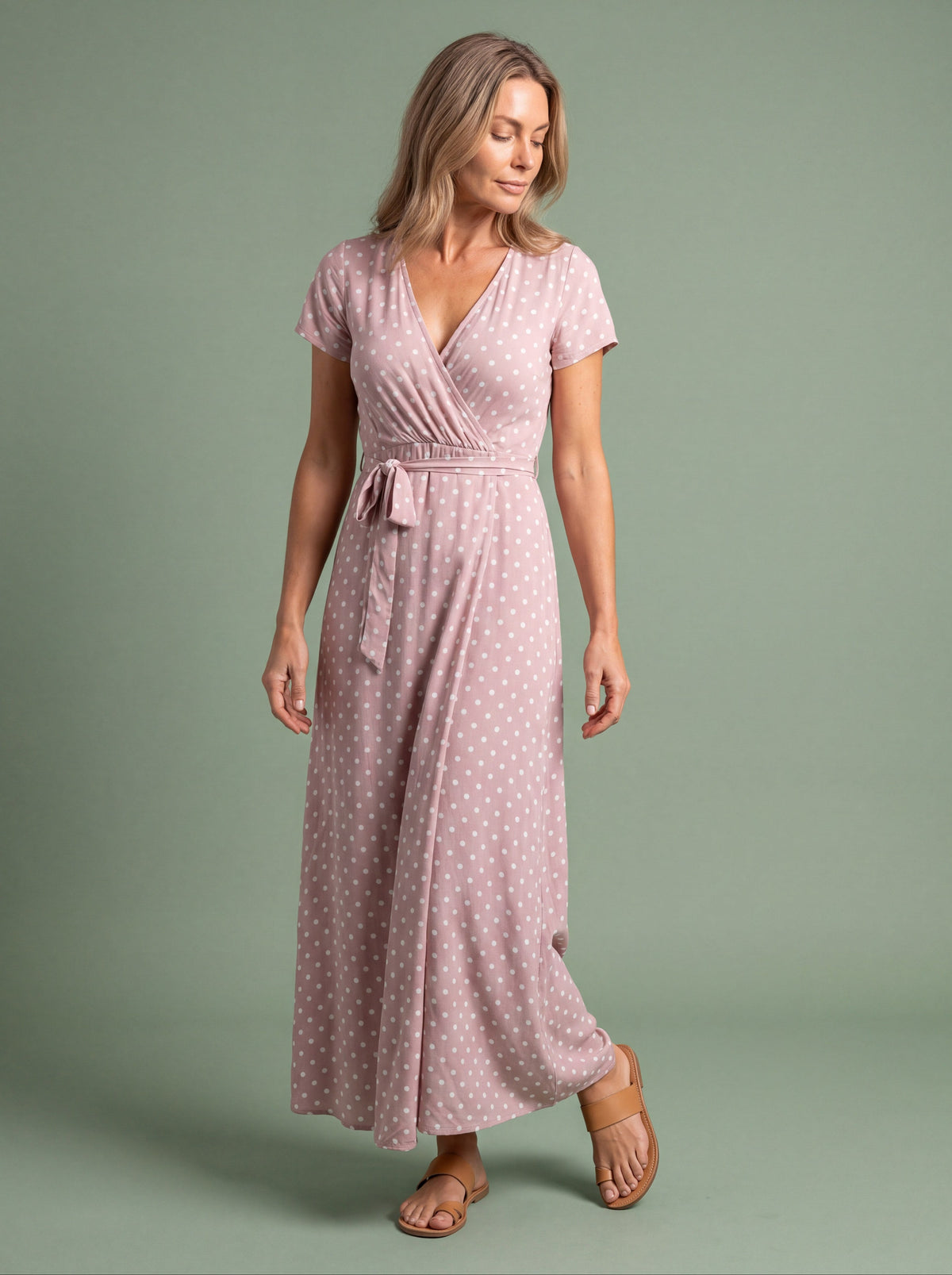 Polka dot wrap maxi dress for hot summer days