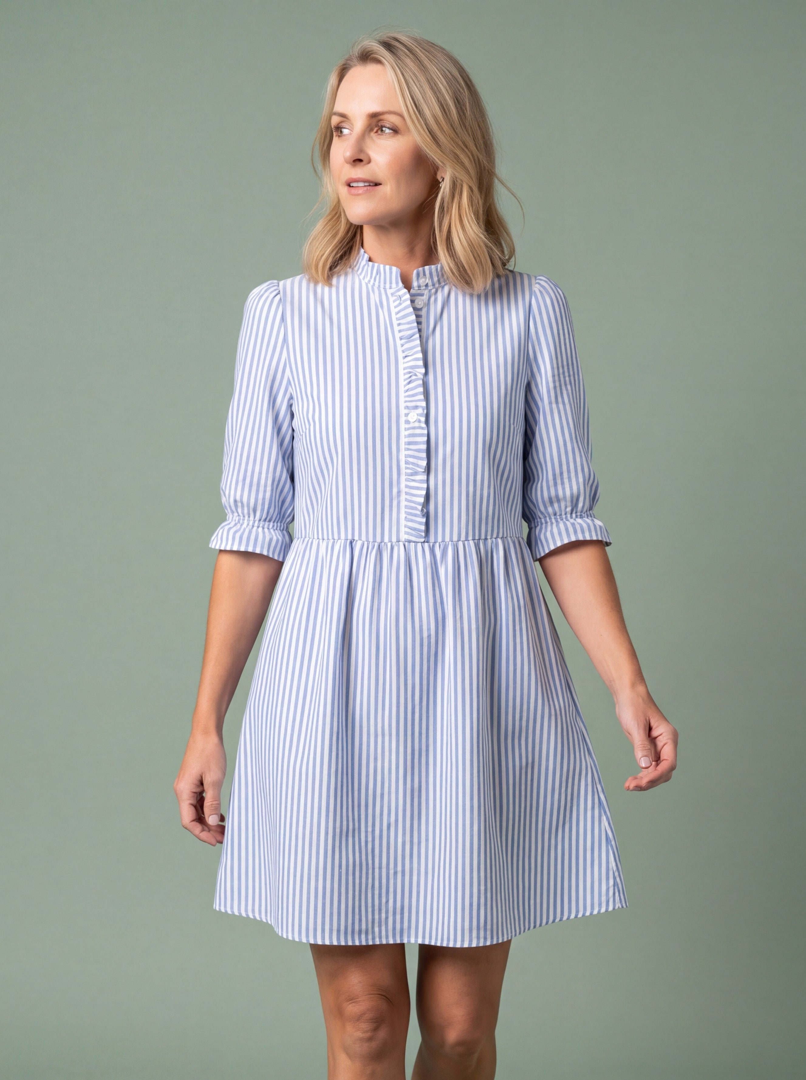 Striped A-line shirt dress styled for spring