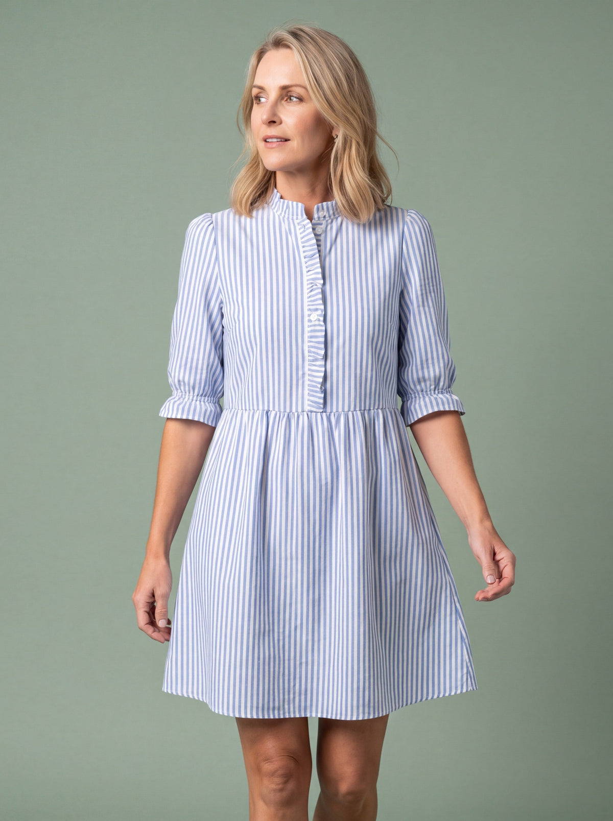 Striped A-line shirt dress styled for spring