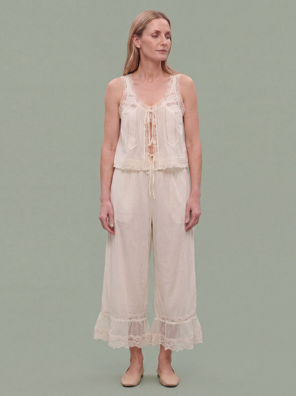 Melba Lane - white lace trim two piece set with wide leg pants, full length, AU women's sizes