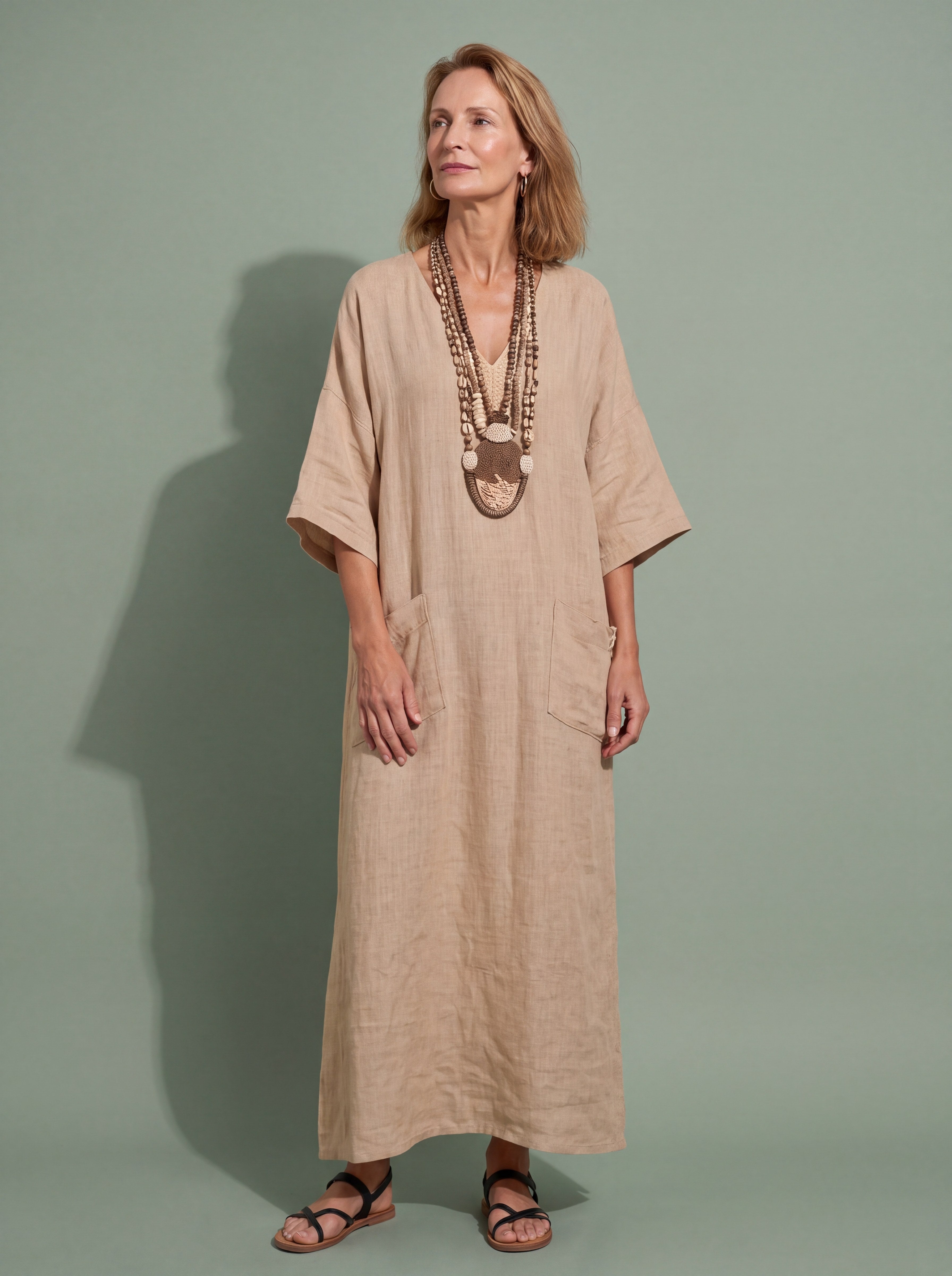 Melba Lane - brown wide sleeve resort maxi dress, full length view, AU women's sizes