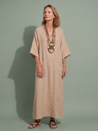 Melba Lane - brown wide sleeve resort maxi dress, full length view, AU women's sizes