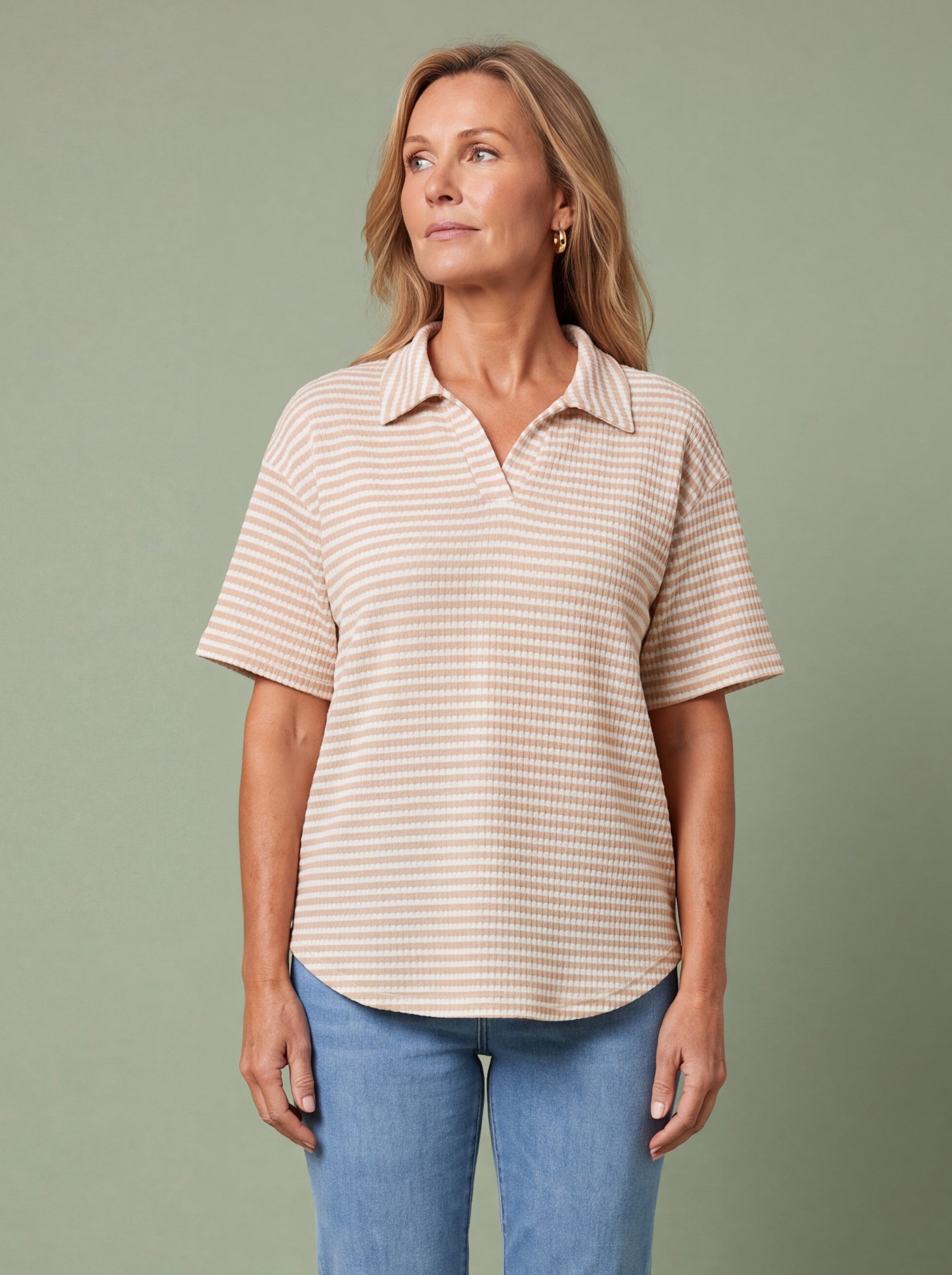Melba Lane - apricot and white waffle knit polo top, full length view, AU women's sizes
