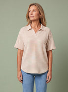 Melba Lane - apricot and white waffle knit polo top, full length view, AU women's sizes