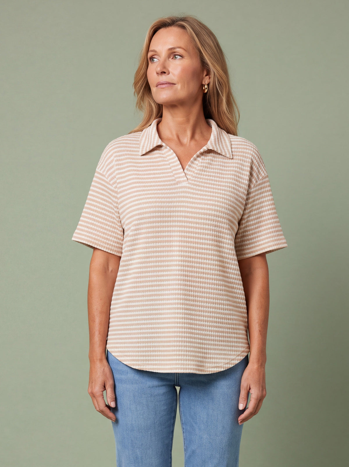 Melba Lane - apricot and white waffle knit polo top, full length view, AU women's sizes