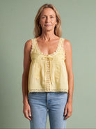 Melba Lane - yellow lace trim tie front cami top, full length view, AU women's sizes
