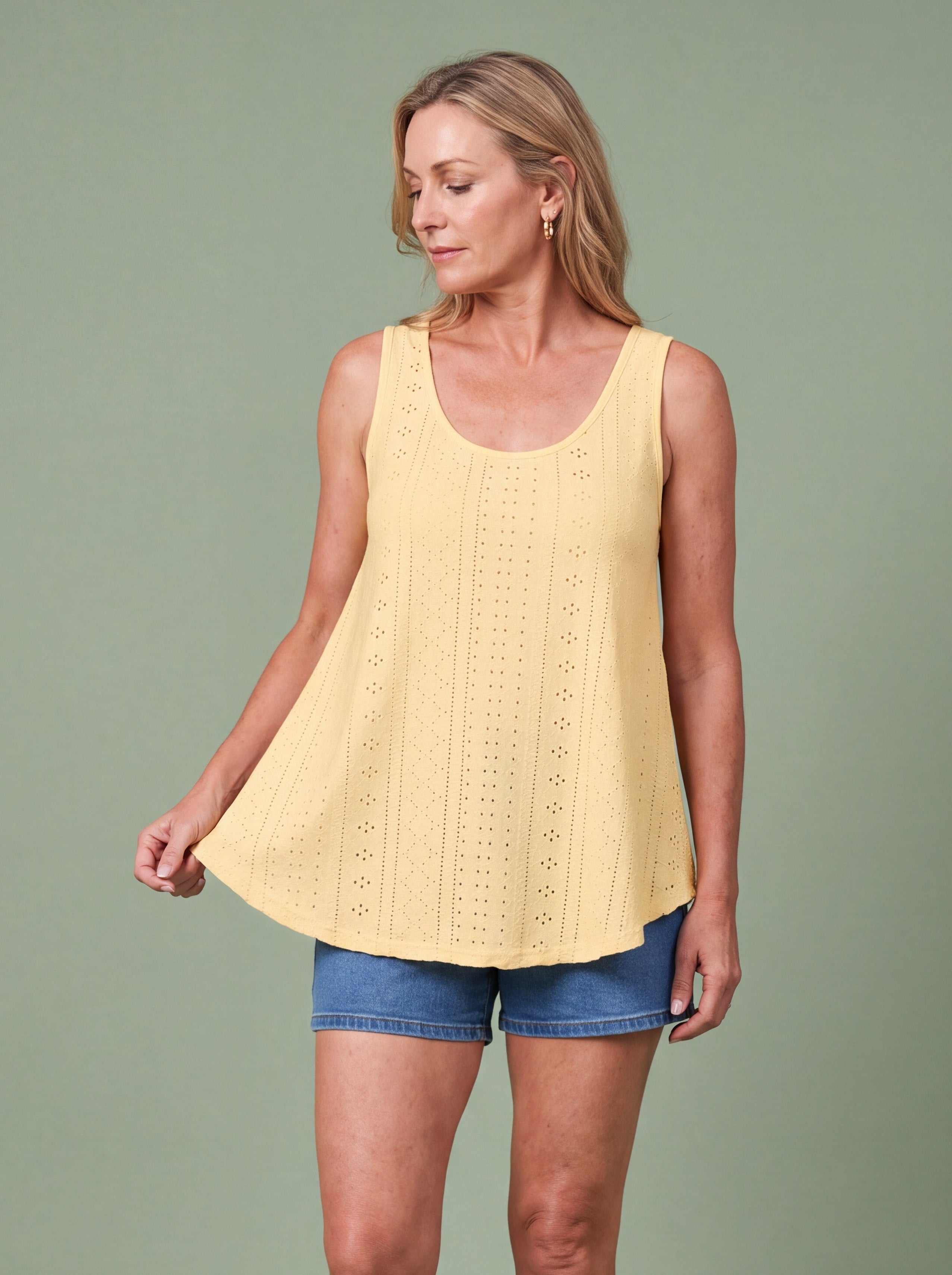 Melba Lane - yellow eyelet detail swing tank top, full length studio view, AU women's sizes
