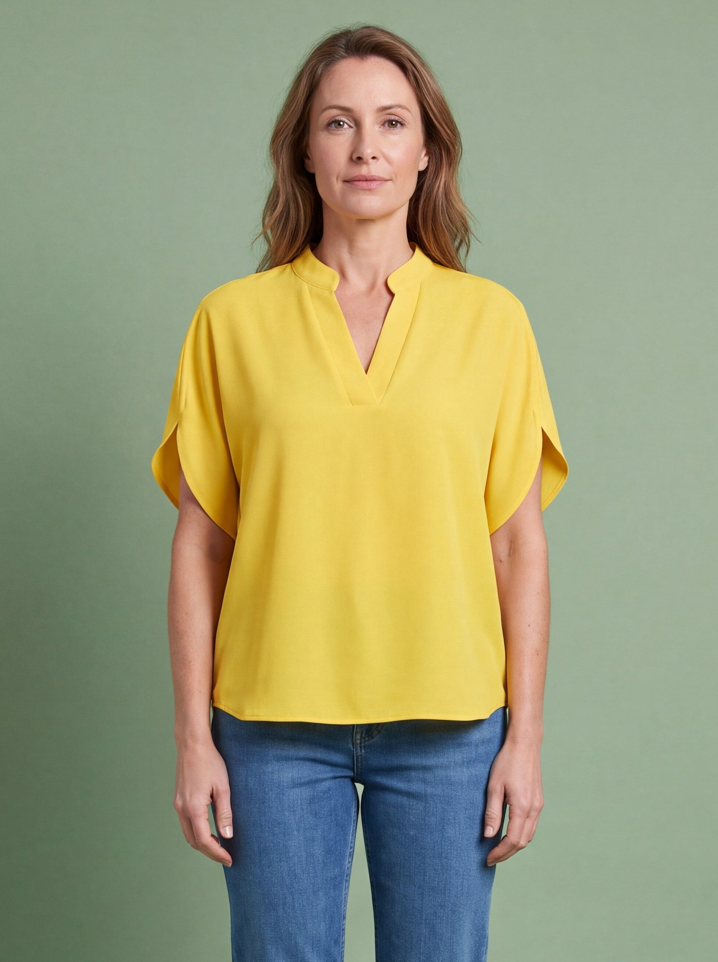 Melba Lane - yellow split neck flutter sleeve top, full length studio view, AU women's sizes