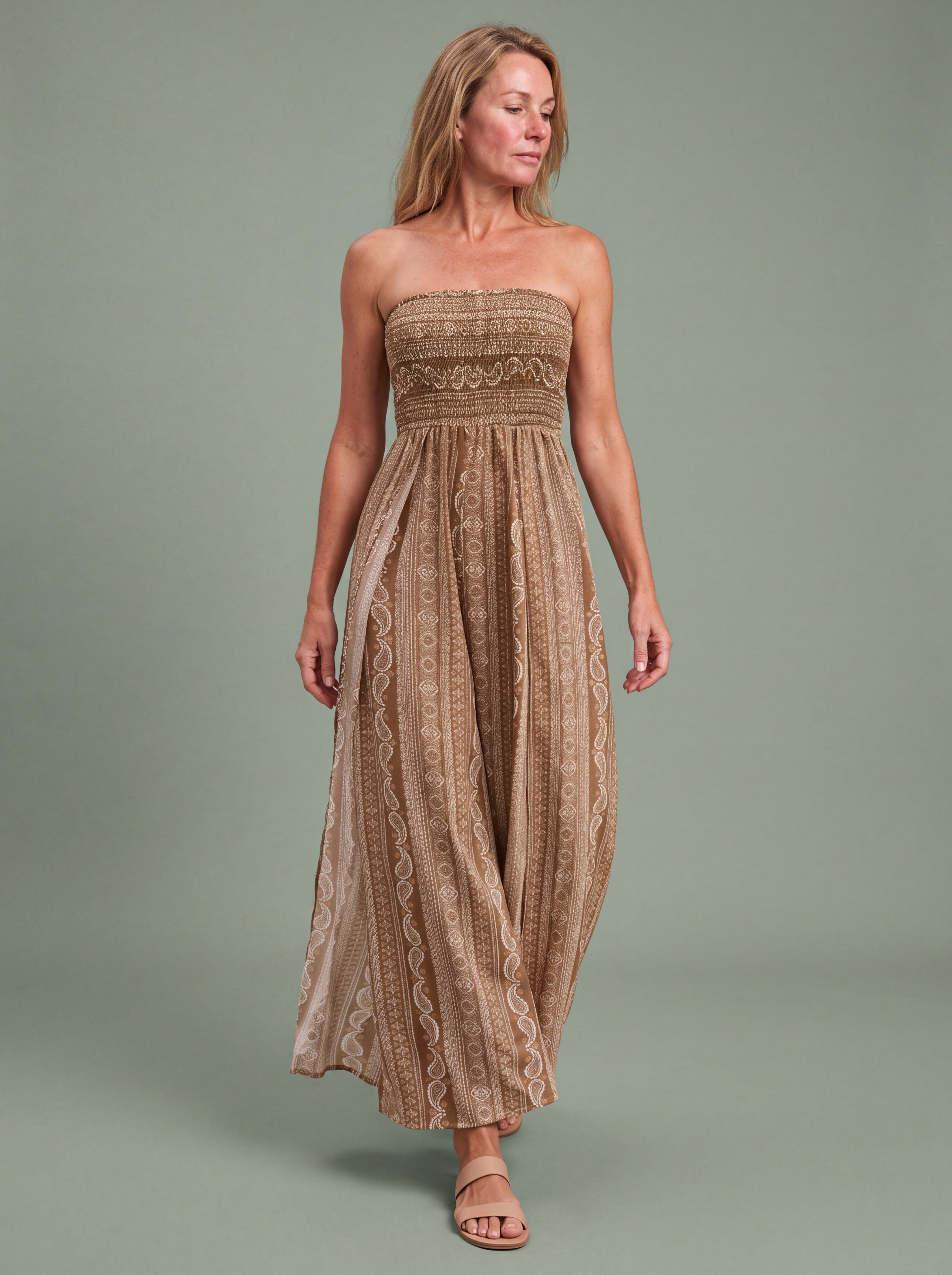 Melba Lane - olive printed strapless jumpsuit with wide leg, full length, AU women's sizes