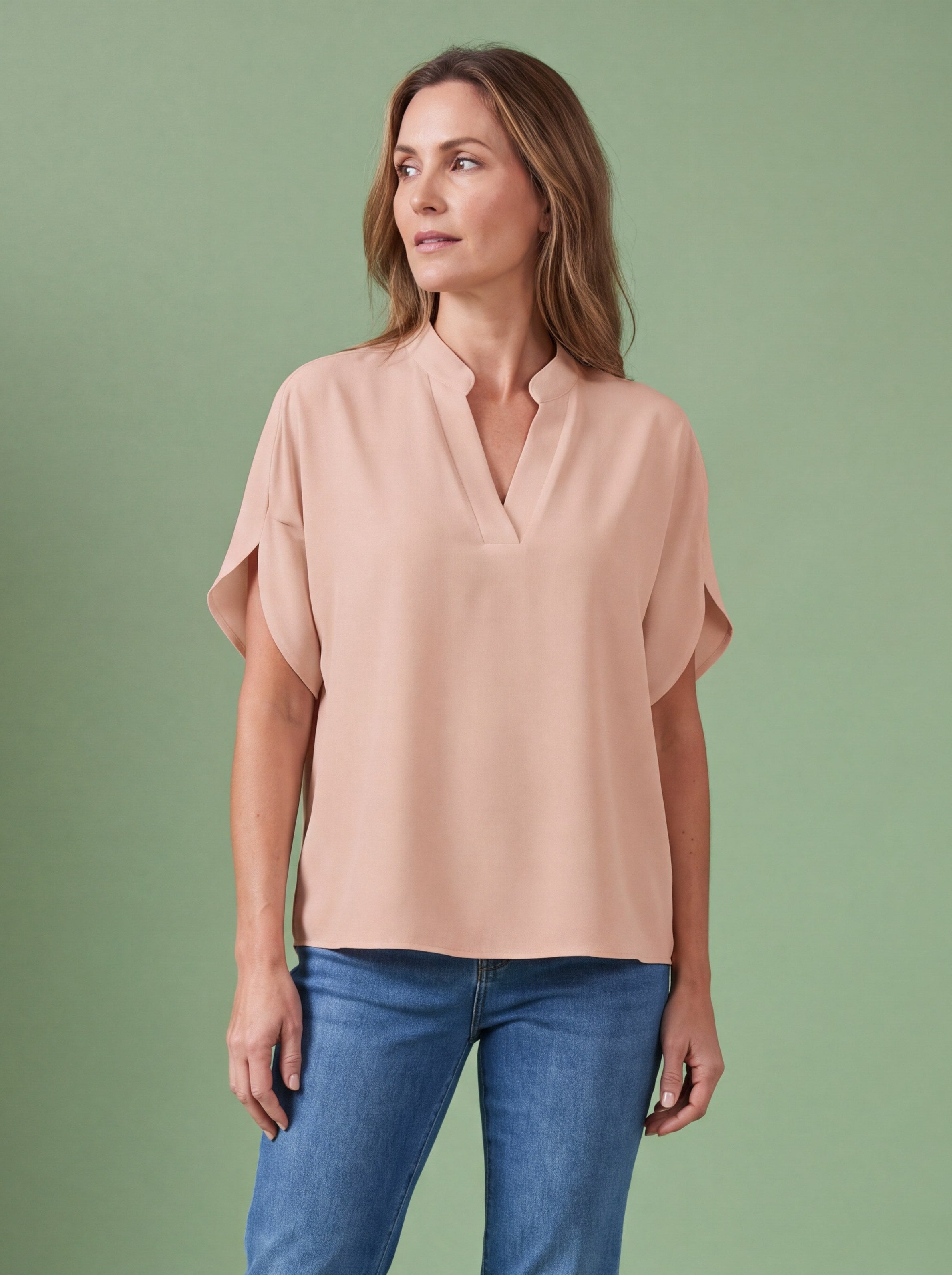 Melba Lane - beige split neck flutter sleeve top, full length studio view, AU women's sizes