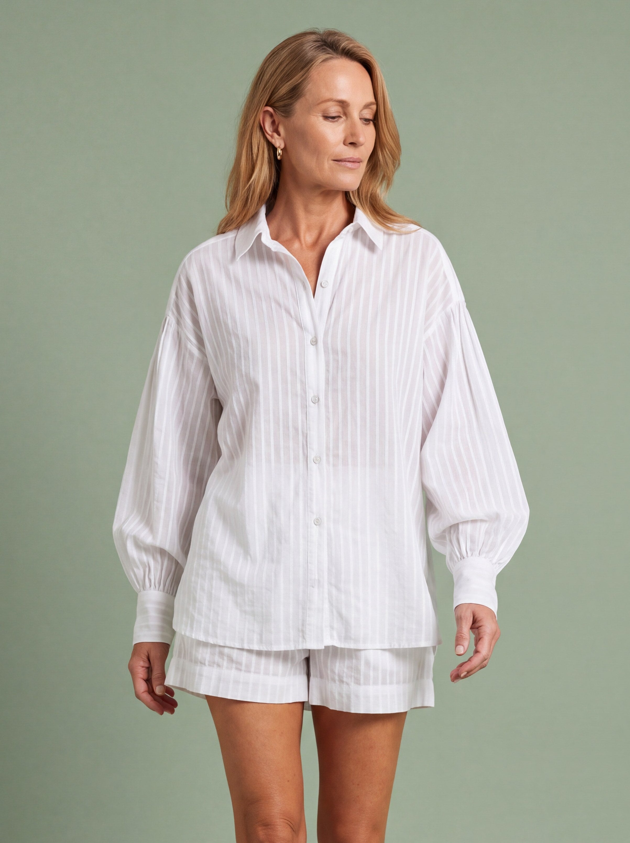 Melba Lane - white striped shirt and shorts set worn as an outfit, full length, AU women's sizes