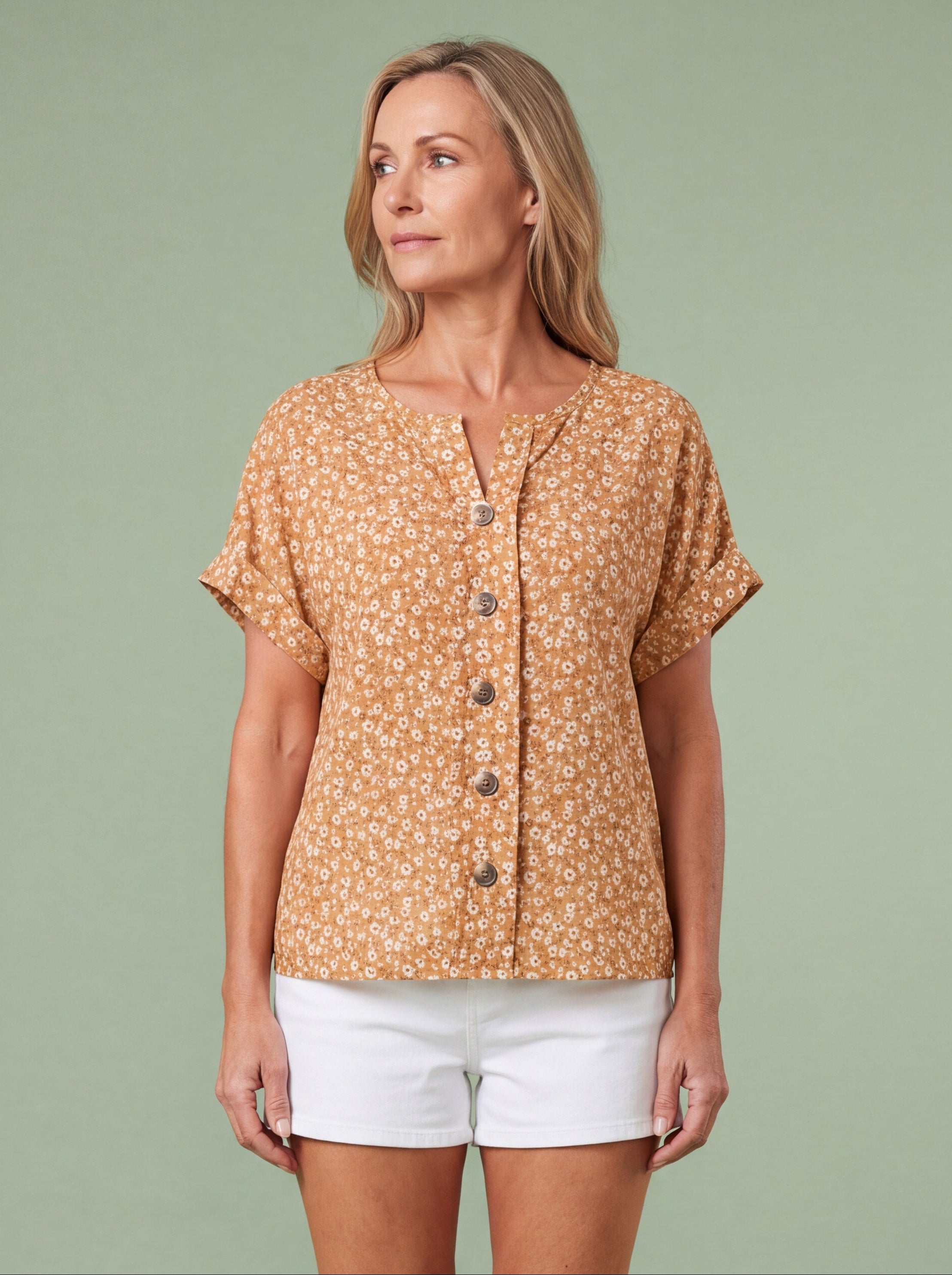 Melba Lane - yellow relaxed button through blouse, full length studio view, AU women's sizes